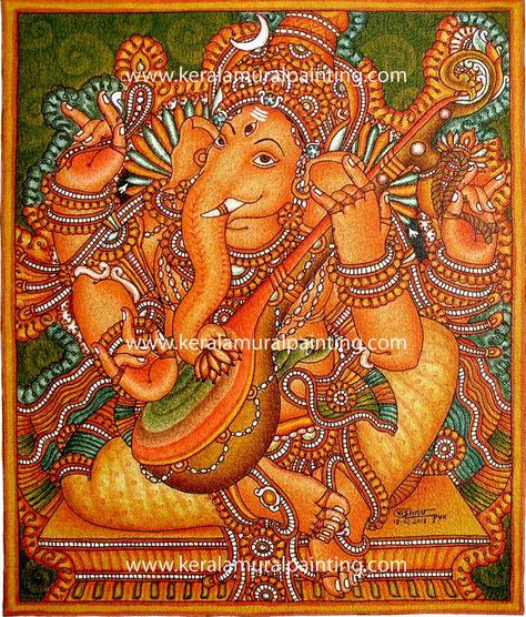 Ganapathi Series - Kerala Mural Painting Ganesh Mural Painting, Ganapathi Images Drawing, Ganapathi Drawing, Ganesha Mural Painting, Kerela Murals Paintings, Mural Painting Kerala, Kerala Mural Painting Shiva Parvati, Ganapathi Mural Painting, Ganesh Kerala Mural Painting