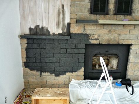 How to Easily Paint a Stone Fireplace (Charcoal Grey Fireplace Makeover) Charcoal Grey Fireplace, Paint A Stone Fireplace, Painted Stone Fireplace, Grey Stone Fireplace, Stone Fireplace Makeover, Grey Fireplace, Sandstone Fireplace, Stacked Stone Fireplaces, White Mantel