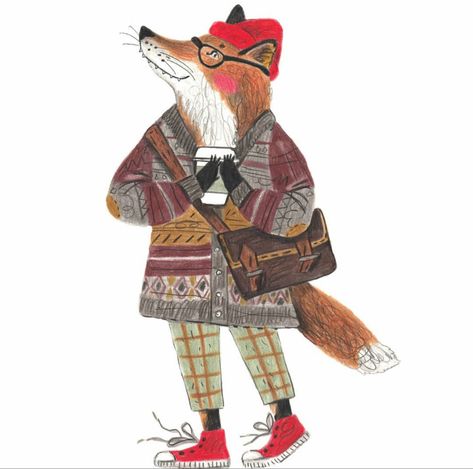 Fox In Clothes Illustration, Animals In Clothes Illustration, Anthropomorphic Illustration, Badger Illustration, Clothes Illustration, Fox Drawing, Greeting Card Inspiration, Fox Hat, Fox Illustration