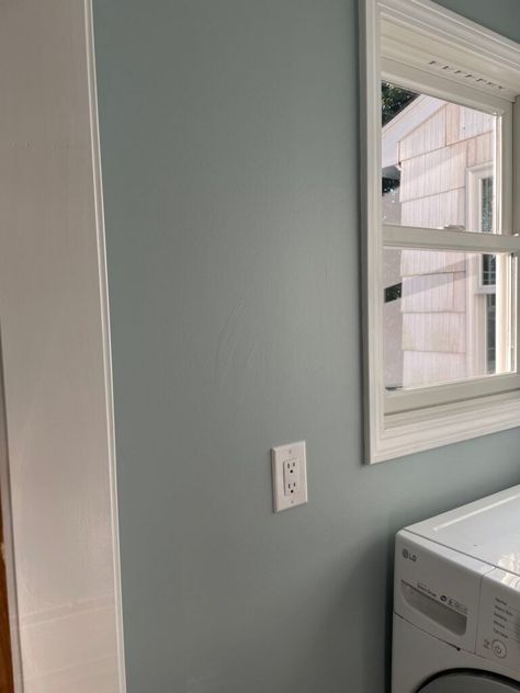 My Benjamin Moore Smoke Review - why I love this blue-gray classic - Kaitlin Madden Home Blogger Shared Home Offices, Benjamin Moore Kitchen, Hale Navy Benjamin Moore, Benjamin Moore Blue, Green Grey Paint, Pvc Trim, Sea Glass Colors, Laundry Room Remodel, Grey Paint