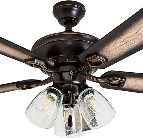 Prominence Home 40278-01 Glenmont Rustic Ceiling Fan with Barnwood Blades, LED Edison Bulbs, 3 Seeded Glass Fixtures, 52 Inches, 5 Blade, Oil-Rubbed Bronze - - AmazonSmile Rustic Ceiling Fan, Ceiling Fan Size, Rustic Ceiling, Rustic Retreat, Room Ceiling, Fan Accessories, Led Ceiling Fan, Wood Shades, Fan With Light