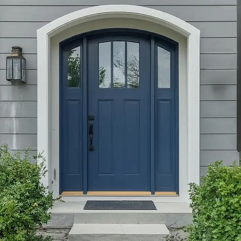 25 Stunning Front Door Colors for Gray House - Home Deviser Gray House Navy Shutters, Light Gray House Door Color Ideas, Shutter Colors For Light Grey House, Benjamin Moore Blue Front Door, Front Door Colors For Light Blue House, Grey House Front Door, Gray House Front Door Color Ideas, Gray House With Blue Door, What Color Door With Gray House