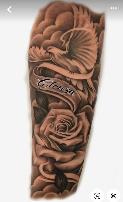 Roses And Doves Tattoo Sleeve, Dove Arm Tattoo Men, Rose Cloud Tattoo, Roses Memorial Tattoo, Dove Tattoo Men Sleeve, Forearm Flower Tattoo Men, Roses And Doves Tattoo, Memorial Sleeve Tattoos, Bird Rose Tattoo