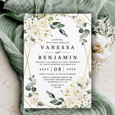 Elegant Gold Geometric Floral Greenery Wedding Invitation Rose Terracotta Wedding, White Neutral Wedding, Summer Bouquet Flowers, Terracotta Wedding Invitation, 3d Templates, Sage Garden, Winter Foliage, Terracotta Wedding, Eucalyptus Leaf