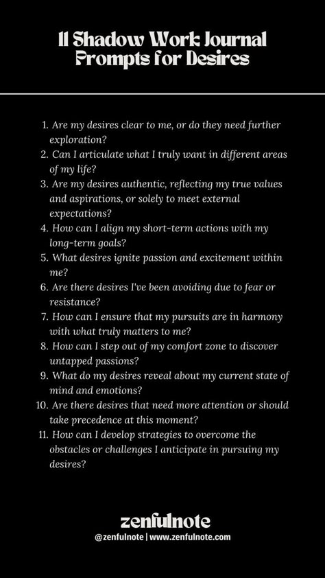 Exploring your own desires is an important aspect of self-discovery and personal fulfillment. Desires can evolve over time, and it's okay to reassess and adjust them as you grow and change. These questions can guide you in gaining clarity and understanding about your desires, paving the way for a more fulfilling and purposeful life. Shadow Work Journal Prompts Self Discovery, Therapy Journal Prompts, Work Journal Prompts, Shadow Work Journal Prompts, Group Therapy Activities, Shadow Work Journal, Purposeful Life, Healing Journaling, Daily Journal Prompts