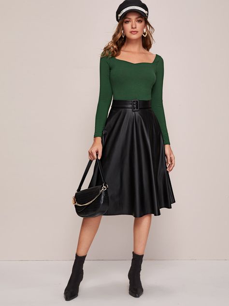 Zipper Back Belted Flare PU Skirt for Sale Australia| New Collection Online| SHEIN Australia Flare Skirt Outfit, Leather Flare Skirt, Pu Skirt, Pu Leather Skirt, Women Bottoms, Peplum Skirt, Black Plain, Velvet Skirt, Hem Skirt