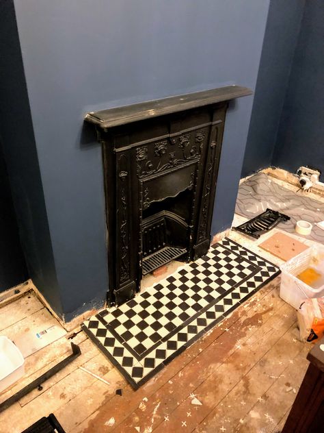 Checkerboard Fireplace Hearth, Checkerboard Fireplace, Cast Iron Fireplace, Victorian Fireplace, Red Tiles, Fireplace Hearth, Log Burner, Black Tiles, Fireplace Remodel