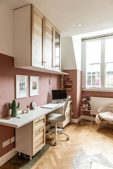 Pink Office Walls, Glam Office Space, Pink And White Office, Pink Home Offices, Light Oak Furniture, Pink Home Office, Wood Office Chair, Pink Office, Home Office Ideas