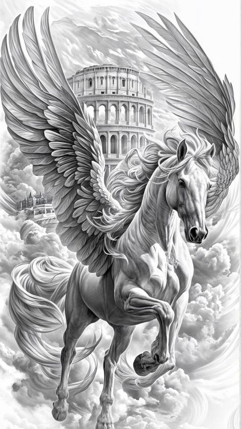 Pegasus Tattoo Design, Pegasus Tattoos, Flying Phoenix Tattoo, Pegasus Drawing, Greek Drawing, Pegasus Tattoo, Pegasus Art, Horse Tattoo Design, American Traditional Tattoo Ideas