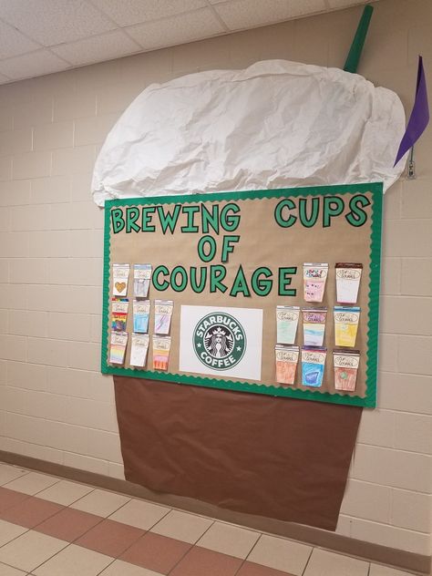 Bulletin Board Idea for Courage Courageous Bulletin Board, Courage Bulletin Board Ideas, Empathy Bulletin Board Ideas, Courage Bulletin Board, Grit Bulletin Board, Kindness Door, Leadership Bulletin Boards, Values Display, School Counselor Bulletin Boards