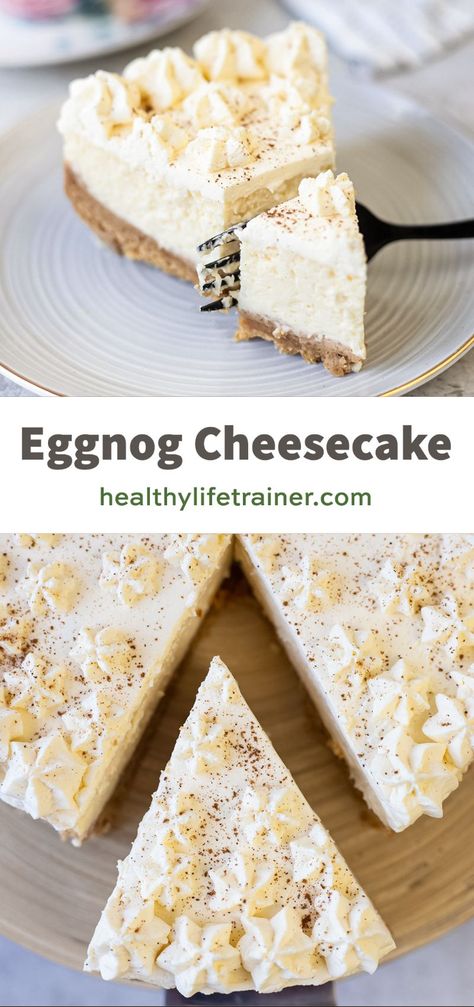 This eggnog cheesecake is so rich, creamy, and filled with eggnog with a hint of cinnamon and nutmeg. #eggnogcheesecake #easycheesecakerecipe #easydessertrecipe #eggnogrecipes Eggnog Cheesecake Recipe, Eggnog Cheesecake, Gingerbread Cheesecake, Homemade Eggnog, Healthy Cheesecake, Chocolate Cake Decoration, Eggnog Recipe, Easy Cheesecake Recipes, Ginger Cookies