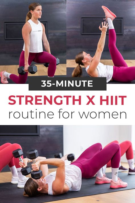 The best strength and HIIT home workout for women — 9 killer dumbbell exercises in a challenging, full body workout. Get all the benefits of strength training and HIIT workouts for women in one effective, 35-minute home workout video on YouTube! Perform all 9 HIIT exercises x 3 sets. An effective full body workout for busy woman and moms. All you need is a set of dumbbells and modifications are offered for ALL fitness levels from beginner to advanced! High Impact Workout At Home, Hiit Workouts At Gym, Hiit Exercises, Pregnancy Workout Videos, Home Workout For Women, Full Body Weight Workout, Hiit Workout Videos, Dumbbell Workouts, Workout Videos For Women