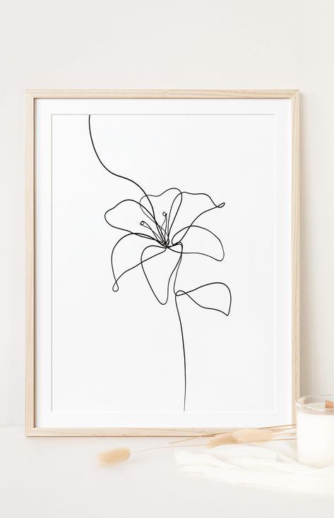 How To Draw Flower Line Art, Tshirt Line Art, One Line Flower Art, Minimalist Lily Tattoo, Line Art Drawings Flowers, Lily Line Art, One Line Flower, Line Flower Tattoo, Line Drawing Flower