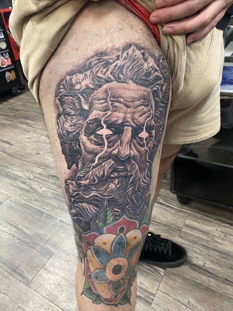 Greek mythology zeus thigh tattoo Tattoo Men Thigh, Thigh Band Tattoo, Leg Band Tattoos, Thigh Tattoo Men, 777 Tattoo, Tato Paha, Zeus Tattoo, Full Leg Tattoos, Greek Mythology Tattoos