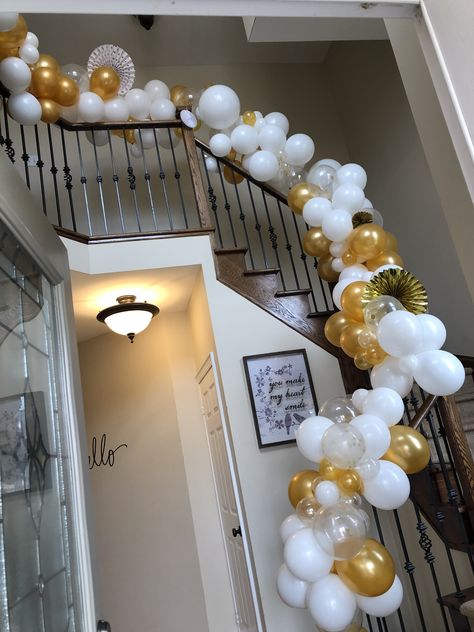 Staircase Balloon Garland, Balloon Garland Ideas, Staircase Garland, 30th Birthday Bash, 60th Birthday Party Decorations, Prom Dinner, Garland Ideas, Wedding Balloon Decorations, House Warming Invitations