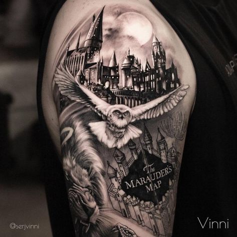 Harry Potter Sleeve Tattoo Ideas, Harry Potter Cover Up Tattoo, Harry Potter Tattoos Sleeve Arm, Harry Potter Sleeve Tattoo For Women, Harry Potter Castle Tattoo, Hedwig Tattoo, Harry Potter Tattoo Sleeve, Harry Potter Castle, Mom Daughter Tattoos