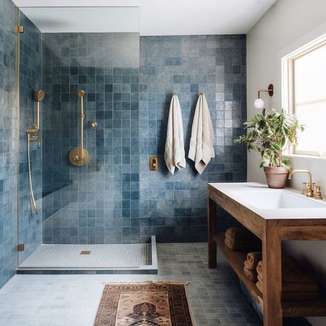 Beautiful zellige tiles make a vivid three-dimensional bathroom wall🩵 #zellige #zelligebathroomdesign #bluebathroom #bathroomdesign… | Instagram Aquamarine Tile Bathroom, Ocean Inspired Bathroom Design, Ocean Style Bathroom, Colored Tiles Bathroom, Bathroom Tiling Designs, Small Bathroom Blue Tile, Simple Home Remodel Ideas, Shower Next To Bathtub, Zellige Bathrooms