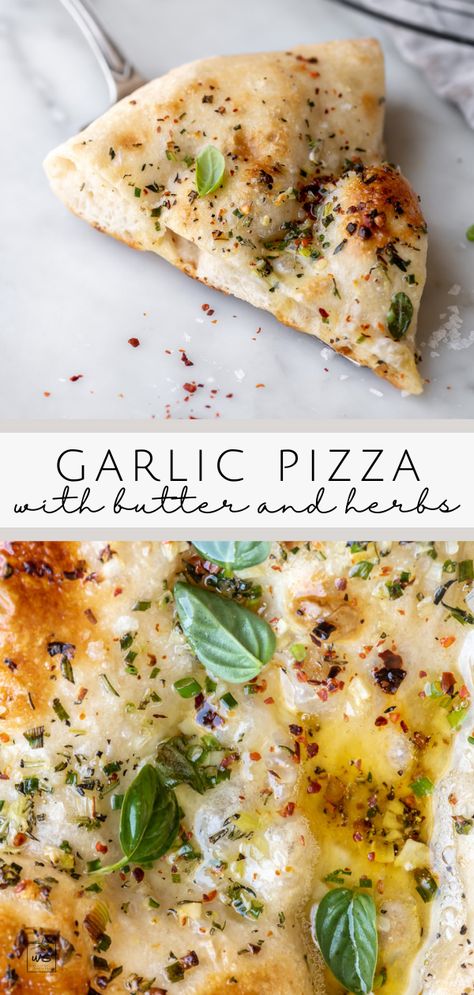 This recipe has everything you want in a garlic pizza! Rich pools of garlic butter, a scattering of fresh herbs, and a crispy chewy crust to soak it all up. Garlic Bread Pizza Crust, Garlic Crust Pizza, Easy Snack Dinners, Garlic Parmesan Flatbread, Pizza Crust Garlic Bread, Balsamic Pizza Recipes, Sides For Stromboli, Garlic Parm Recipes, Pizza Recipes Aesthetic