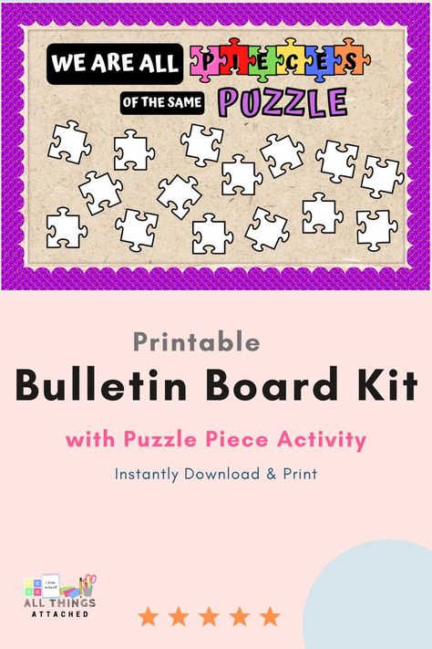 This printable bulletin board kit includes everything you need to create the bulletin board you see here. Borders/trim, text saying, decorative images, and puzzle piece activity for students to show their creativity! Puzzle Bulletin Board Ideas, Puzzle Bulletin Boards, Printable Bulletin Board, Bullentin Boards, Elementary Classroom Decor, Classroom Board, Back To School Bulletin Boards, Classroom Bulletin Boards, Classroom Printables