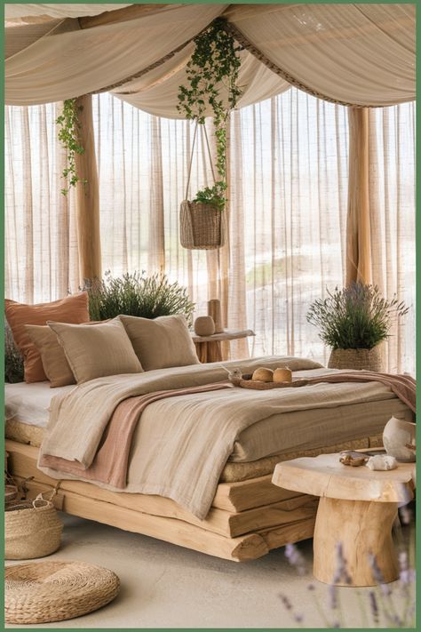 Cozy bedroom with a rustic wooden bed, soft beige linens, and warm natural decor. Earthy Aesthetic Bedroom, Earthy Luxury Bedroom, Earthy Room Aesthetic, Earthy Bedroom Aesthetic, Kitchen Flooring Trends, Earth Tone Bedroom, Earthy Bedroom Ideas, Kitchen Tile Inspiration, Ensuite Bathroom Designs