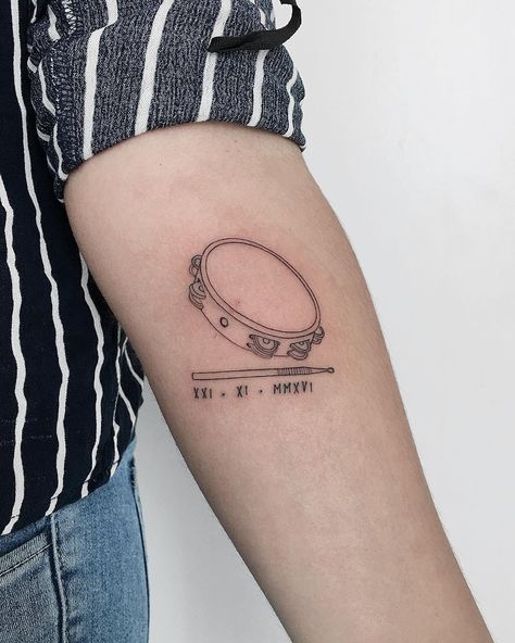 Tambourine and drumsticks by @soychapa - Tattoogrid.net Tambourine Tattoo Ideas, Tamborine Tattoos, Tambourine Tattoo, Drumstick Tattoo, Matching Tattoos For Siblings, Drum Tattoo, Inspo Tattoo, Left Arm Tattoos, Related Tattoos