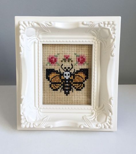 Mothman Cross Stitch, Cross Stitch Small Pattern, Goth Cross Stitch, Moth Cross Stitch, Cross Stitch Tattoo, Cross Stitch Skull, Subversive Cross Stitch, Small Cross Stitch, Mini Cross Stitch