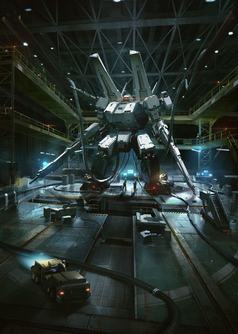 Mech Concept Art by Susan Luo Sci Fi Hangar, Mech Hangar, Concept Art World, Future Soldier, Arte Robot, Armored Core, Power Armor, Giant Robots, Robots Concept