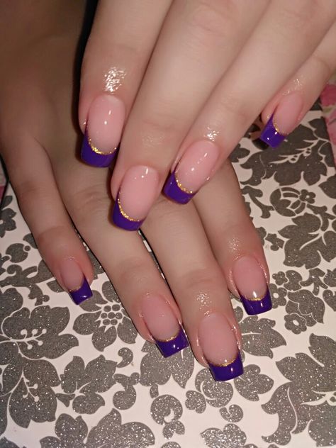 Eggplant French Tip Nails, Purple N Gold Nails, Dark Purple Nail Designs Prom, Purple Black French Tip Nails, Square Purple French Tip Nails, Light Purple French Tip Nails Square, Purple Nail Designs French Tips, Dark Purple Square Acrylic Nails, Purple French Tip Square