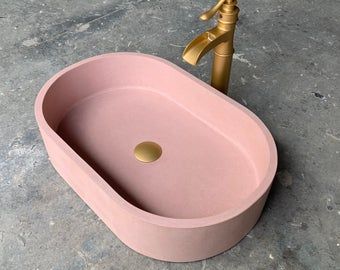 Pink Sinks, Pale Pink Bathroom, Pink Bathroom Sink, X5 Interior, Pink Sink, Concrete Bathroom Sink, Handmade Sink, Bathroom Sink Bowls, Aesthetic Bath