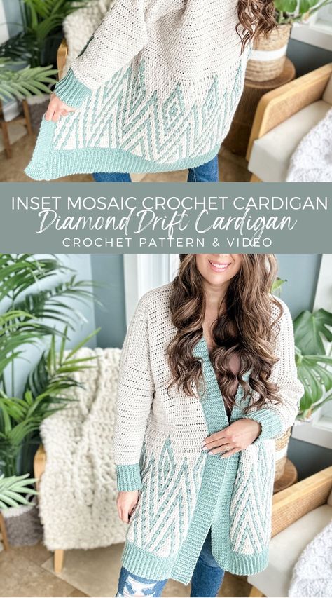 Diamond Crochet Cardigan, Crochet Mosaic Cardigan, Modern Crochet Cardigan, Mosaic Crochet Sweater Patterns, Free Cardigan Crochet Pattern, Clothing Crochet Patterns, Crocheting Cardigan, Crochet Cardigan Ideas, Easy Crochet Cardigan