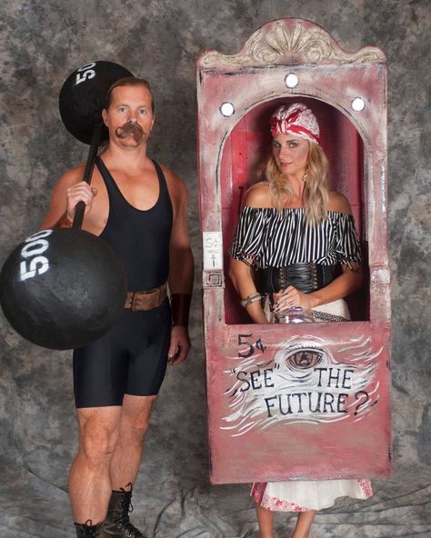 Fortune Teller Halloween Costumes Diy, Carnival Fortune Teller Costume, Circus Side Show Halloween Costumes, Vintage Circus Halloween Costumes, Circus Strongman Costume, Couples Circus Costume, Circus Theme Party Adults Costumes, Halloween Circus Theme Costume Ideas, Easy Circus Costume Diy