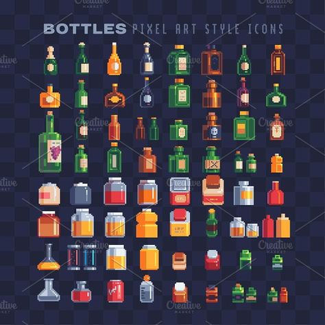 Bottles & glass jar pixel icons by VectorPixelStar on @creativemarket Pixel Objects, Pixel Food, Pixel Art Food, Pixel Icons, Pixel Art Tutorial, Cool Pixel Art, Pix Art, Pixel Design, Pixel Art Games