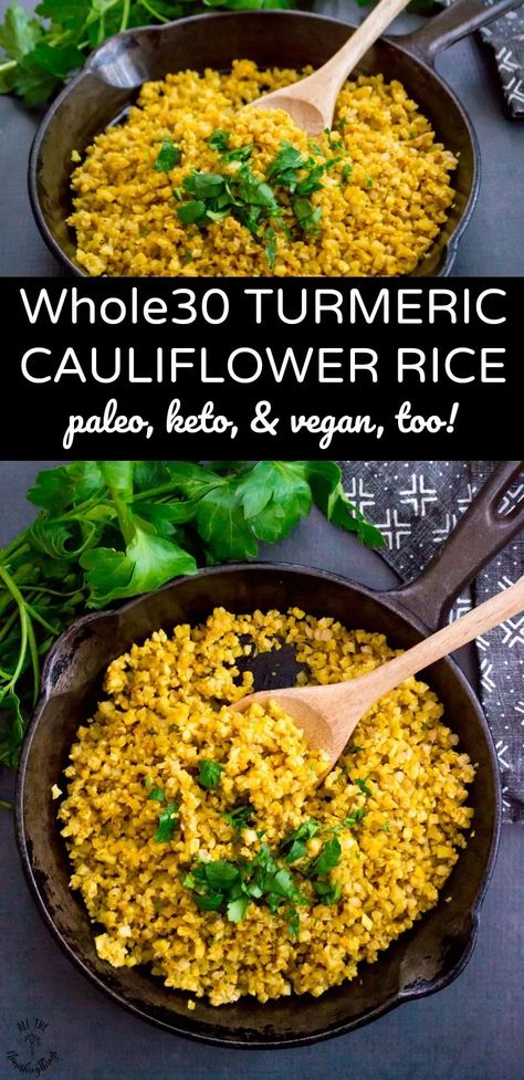 Look no further for a tasty and easy paleo, vegan, and keto side dish! This Whole30 Turmeric Cauliflower Rice can be made with frozen or fresh riced cauliflower and boasts the anti-inflammatory and antioxidant benefits of curcumin. It pairs well with Instant Pot main dishes, too! #allthenourishingthings #whole30recipe #cauliflower #cauliflowerrice #paleorecipe #veganrecipe #ketorecipe Anti Inflammation Side Dishes, Cauliflower Rice Paleo, Benefits Of Curcumin, Keto Side Dish, Turmeric Cauliflower, Inflammation Recipes, Healthy Nutrition Plan, Inflammatory Recipes, Riced Cauliflower