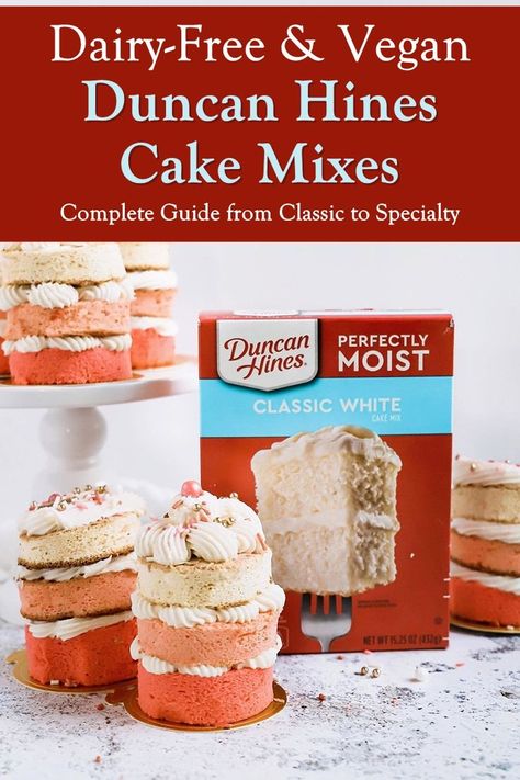 Dairy-Free Duncan Hines Cake Mixes - Most varieties are kosher parve, and we tell you how to make them vegan, too! Vegan Box Cake Mix Recipes, Vegan Cake Mix Recipes, Vegan Box Cake, Vegan White Cake, Soy Free Cake, Dairy Free Lemon Cake, Vegan Cake Mix, Dairy Free Cake Recipe, Chocolate Cake Mix Recipes