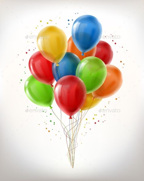 Vector realistic bunch of flying glossy balloons, multicolored, filled with helium isolated on white background. Clipart with decorative objects for holidays, birthday, carnival parties, events Lace Balloons, Balloon Invitation, Balloon Background, Birthday Labels, First Birthday Cards, Colorful Balloons, Unicorn Birthday Invitations, Happy Birthday Lettering, Celebration Background