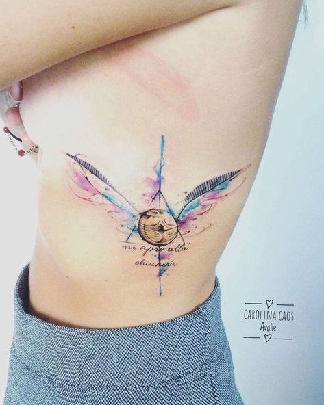 Harry Potter tattoo Golden Snitch Tattoo, Snitch Tattoo, Harry Potter Tattoo Sleeve, Harry Tattoos, Hp Tattoo, Potter Tattoo, Petit Tattoo, Theme Tattoo, Harry Potter Tattoos