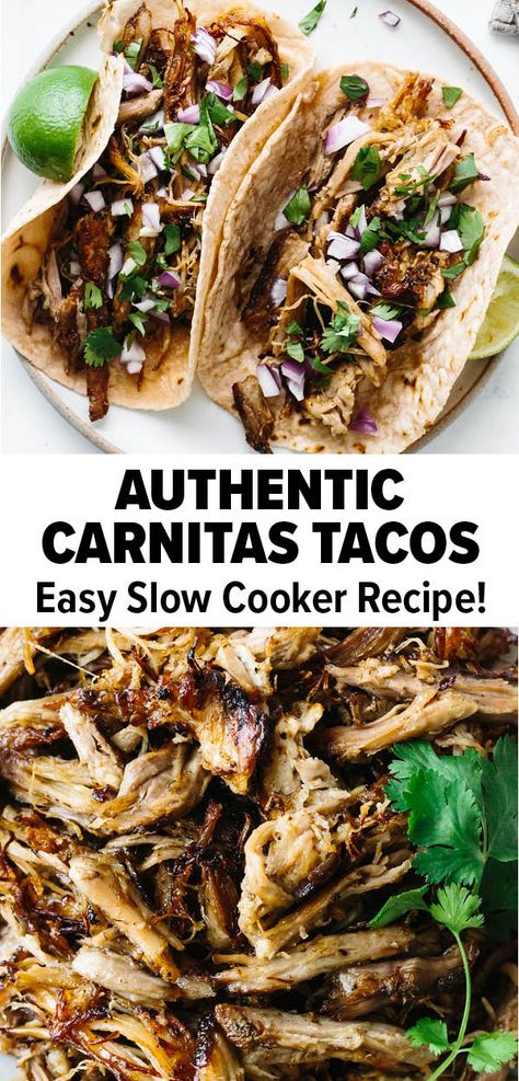 Healthy Pork Tacos, Taco Tuesday Crockpot Recipes, Authentic Taco Recipes, Pork Tacos Recipes, Pork For Tacos, Best Carnitas, Easy Carnitas, Pork Tacos Crockpot, Carnitas Tacos Recipe