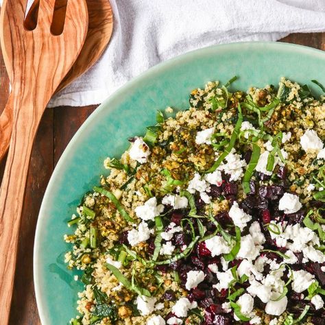 Dandelion Greens & Quinoa Salad with Beets & Goat Cheese Quinoa Goat Cheese, Roasted Beet And Goat Cheese Salad, Arugula Beet Goat Cheese Salad, Beets Goat Cheese, Beet And Goat Cheese Salad, Beet Walnut Goat Cheese Salad, Salad With Beets, Summer Slaw, Wheat Berry Salad