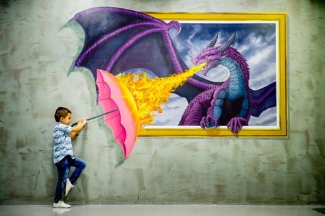 Interactive Art Museum, Animation Mural Wall Art, Ganesha 3d Mural Art, Dragon Mural Paintings, Trick Art Museum, 3d Art Museum, Dragon Art Installation, 3d Wall Painting, Art Restaurant