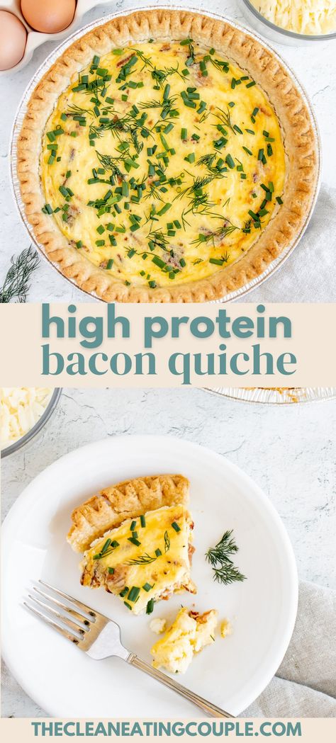 High Protein Bacon Quiche is so simple to make. Made with only 10 ingredients, it's filling and you can easily add spinach or make it crustless. It's perfect for brunch or meal prepping. Protein Quiche Recipes, High Protein Quiche Recipes, Bacon Quiche Recipes, High Protein Quiche, Protein Quiche, Quiche Bacon, Sausage Quiche Recipes, Bacon Quiche Recipe, Bacon Spinach Quiche