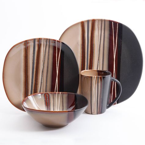 Better Homes & Gardens Bazaar Dinnerware, Brown, Set of 16 - Walmart.com - Walmart.com Dinnerware Sets Walmart, Matching Ideas, Dinnerware Sets For 12, Square Dinnerware Set, Casual Dinnerware, Kitchen Plate, Brown Kitchens, Stoneware Dinnerware, Reactive Glaze