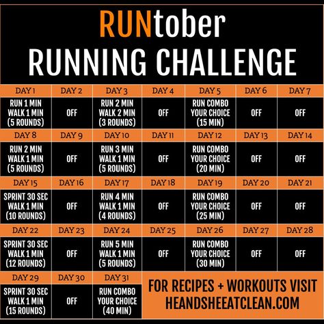 October Fitness Challenge Ideas, October Fitness Challenge, 30 Day Running Challenge, Run Challenge, Running Drills, Walking Challenge, Workout Challenges, Running Challenge, Interval Running