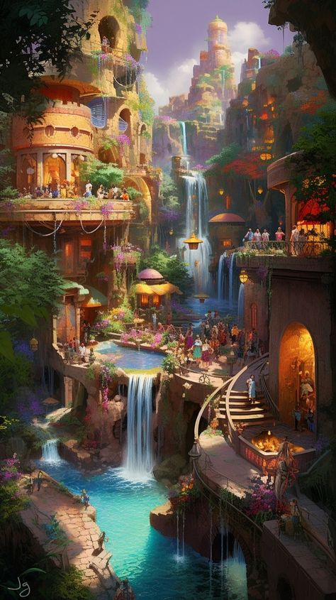 Oasis Kingdom Fantasy Art, Magical Island Art, Tropical Kingdom Fantasy Art, Island Town Fantasy Art, Fantasy Mexican City, Oasis City Fantasy Art, Summer Kingdom Fantasy Art, Fantasy Oasis Art, Fantasy Tropical Village