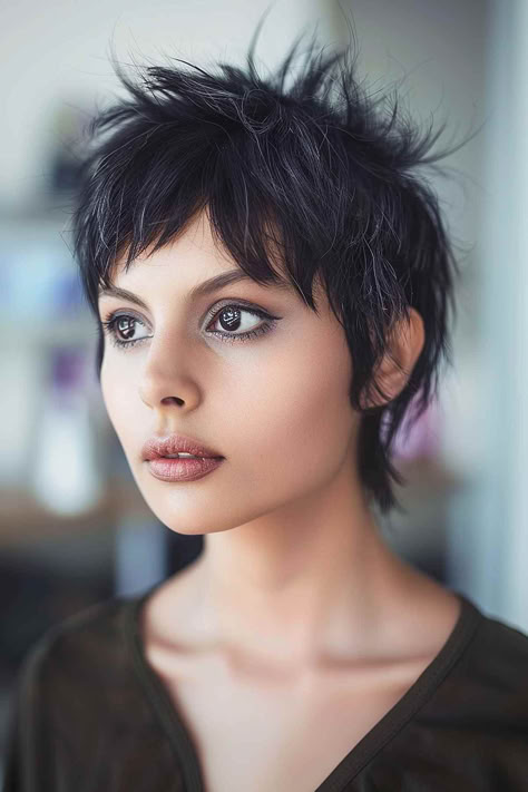 25 "Elf Crop" Haircut Ideas If You Want a Trendy Short 'Do Female Faux Hawk Pixie, 1970s Pixie Haircut, Punk Short Haircut, Pixie Textured Hair, Styling Products For Short Hair Texture, Short Spiky Mullet, Short Pixie Long Bangs, Gothic Pixie Haircut, Elf Crop Haircut