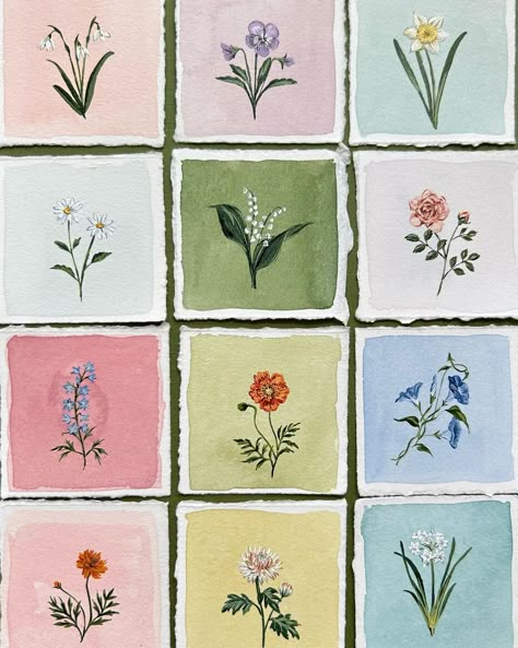 Birth Month Flowers 🌸 tiny 2”x2” mixed media paintings on watercolor paper, to be matted and framed in twelve tiny frames. I initially… | Instagram Birth Month Flower Watercolor, Watercolor Birth Month Flowers, Paper Paintings, Watercolor Frame, Tiny Watercolor, Aesthetic Flower Painting, Tiny Flower Painting, Watercolor Paintings Flowers, Tiny Paintings Ideas