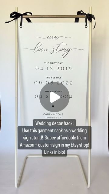 @diyupcycledesigns on Instagram: "This garment rack is the perfect size to double as a sign stand!! Makes for a super easy and affordable wedding sign stand from amazon!  This is available in black and white, this is by far my favroite since the assembly is so easy, I have my affiliate link in my bio!  This sign is the 24”x36” foam core sign that is also available in my etsy store with different design options!  I have welcome sign versions, ceremony signs and this love story sign!  My goal is to help make decor a little easier and less stressful on brides to be and also help them save a little money doing so!! Let me know if you have any questions! #amazonaffiliate #commisionearned #bride #bridetobe #2024bride #2024wedding #weddingideas #wedding #weddingdecor #diywedding #budgetwedding #d Cheap Wedding Signs, Diy Welcome Sign Stand, Ikea Rack Wedding Sign, Diy Hanging Sign Stand, Ikea Clothing Rack Wedding Sign, Diy Sign Stand, Wedding Sign Stand, Ikea Rack, Wedding Sign Diy