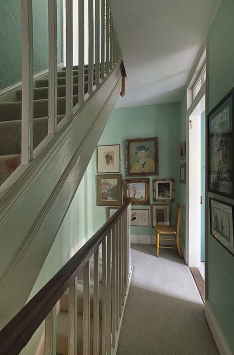 the landing is painted in pale ‘Green Verditer’ paint Hallway Decorating Colours, Victorian Terrace Hallway, Hallway Wall Colors, 1930s Home Decor, Hall Colour, Green Room Decor, Mint Green Walls, Hallway Colours, Green Hallway