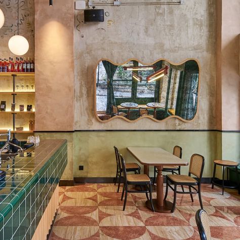 jj acuna / bespoke studio integrates dark green elements + antique finish into coffee shop in hong kong Dark Green Tile, Hong Kong Cafe, Cocktail Bar Design, Factory Pendant Light, Italian Cafe, Popular Interior Design, Cafe Interior Design, Interior Design Magazine, Green Tile