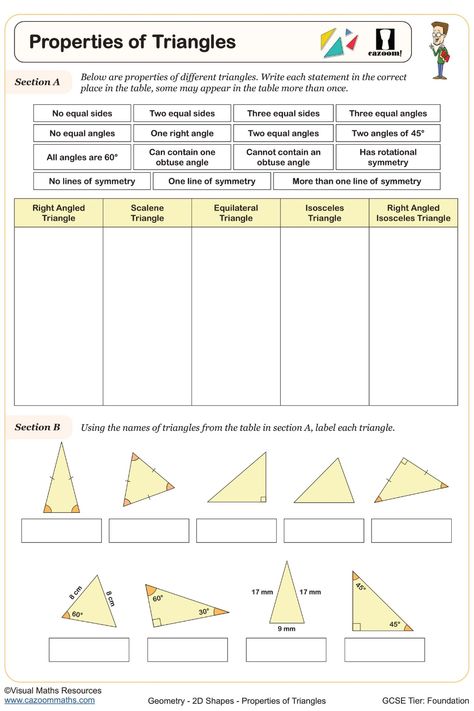 Enhance your understanding of triangle properties and geometric problem-solving with this informative worksheet tailored for Year 7 students. Delve into the classification of different triangle types and boost your knowledge in geometry effortlessly. Great resource for young learners seeking to grasp foundational concepts in a clear and engaging manner. Types Of Triangles Worksheet, Properties Of Triangles, Year 9 Maths Worksheets, Ks3 Maths Worksheets, Year 8 Maths Worksheets, Ks1 Maths Worksheets, Year 6 Maths Worksheets, Year 2 Maths Worksheets, Year 5 Maths Worksheets