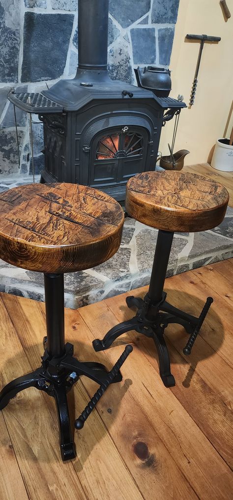 Gorgeous personally hand hewn bespoke stools. Custom stools that add character to any home or cottage.  Cast iron base is fully adjustable ranging from 24 to 35 inches. Bar Room Design, Rustic Bar Stool, Western Bar Stools, Unique Bar Stools, Metal Stools, Western Bar, Rustic Bar Stools, Iron Bar Stools, Rustic Stools